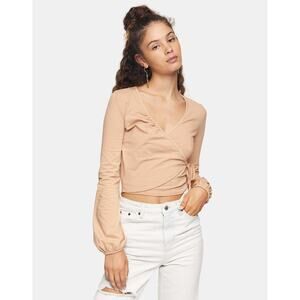 Topshop Wrap Top Size 2 Tan Cream Long Sleeve Ballet Cropped Balletcore